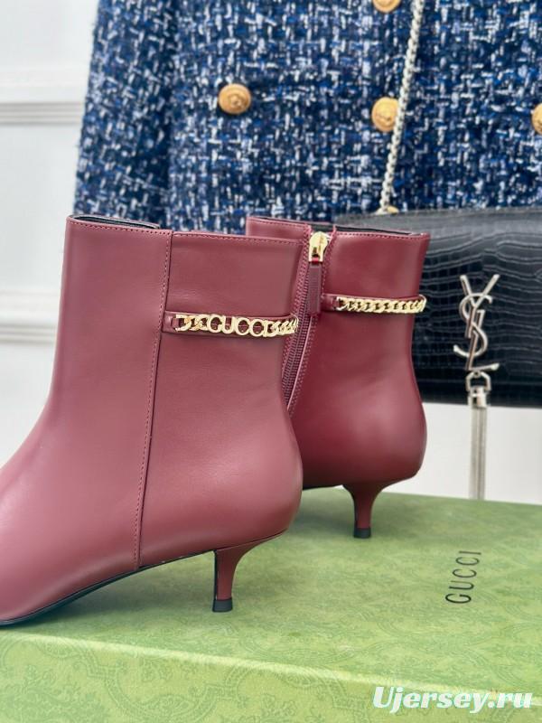 2024 Women Gucci Burgundy Leather Ankle Boots Chain MJ00410