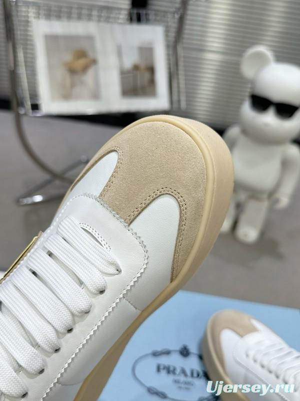 2025 Women Prada White Beige Leather Suede Sneakers
