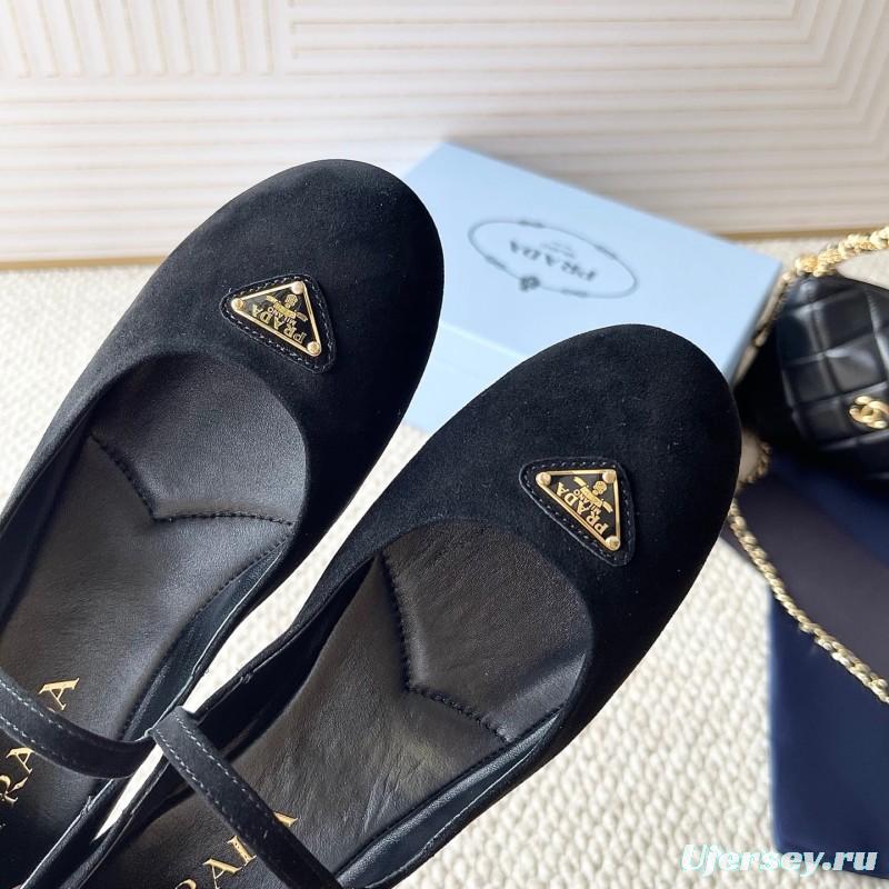 2025 Women Prada Black Suede Mary Jane Ballet Flat