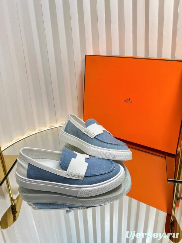 2025 Women Hermès Blue White Leather Canvas Loafers LY00310