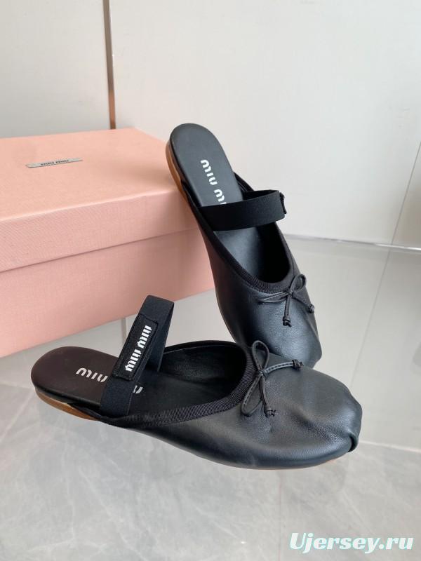 2025 Women Miu Miu Black Leather Ballet Flat Elastic Band
