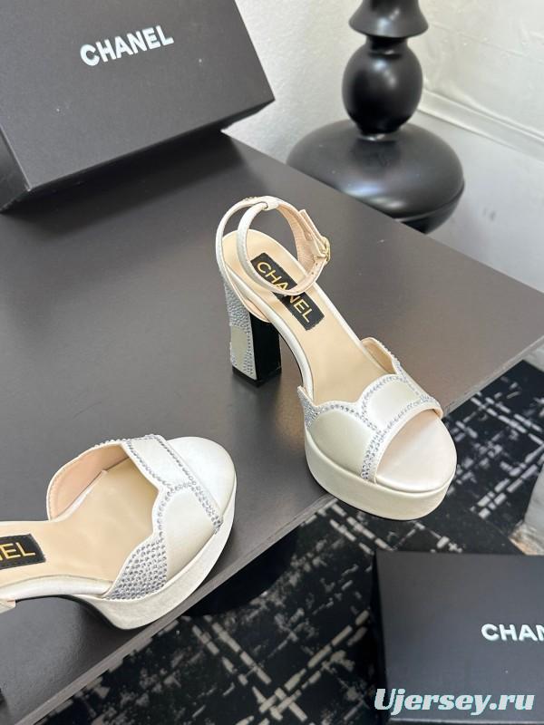 2025 Women Chanel White Leather Platform Sandals Beaded LY00320