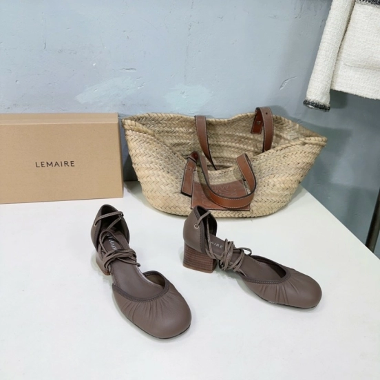 2025 Women LEMAIRE Brown Leather Mary Jane Lace-up Shoes