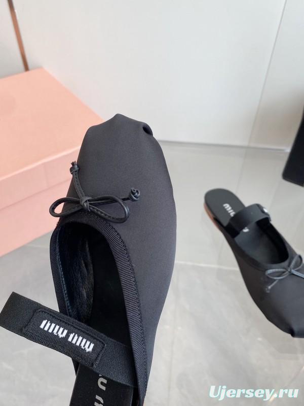 2025 Women Miu Miu Black Nylon Ballet Flats LY00380