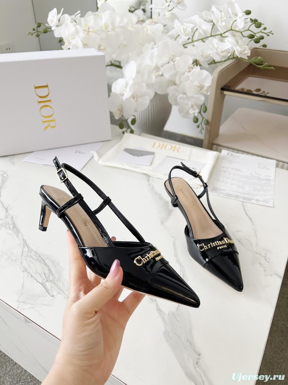 2025 Women Dior Black Patent Leather Slingback Heels KFY00310