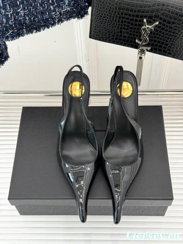 2025 Women YSL Black Patent Leather High Heel Slingback KFY00290