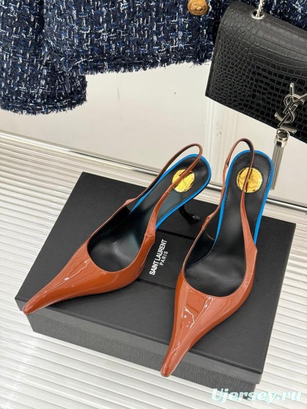 2025 Women Yves Saint Laurent Brown Patent Leather Slingback Heels KFY00290
