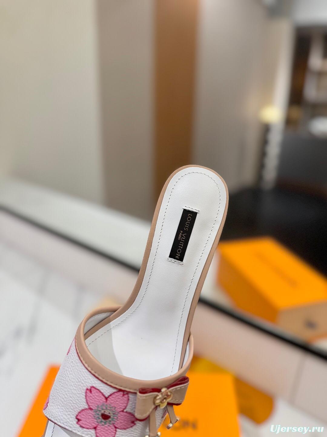 2025 Women LV White Pink Leather Floral Sandals