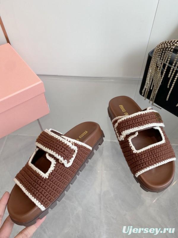2025 Miu Miu Brown White Crochet Slippers KFY00290