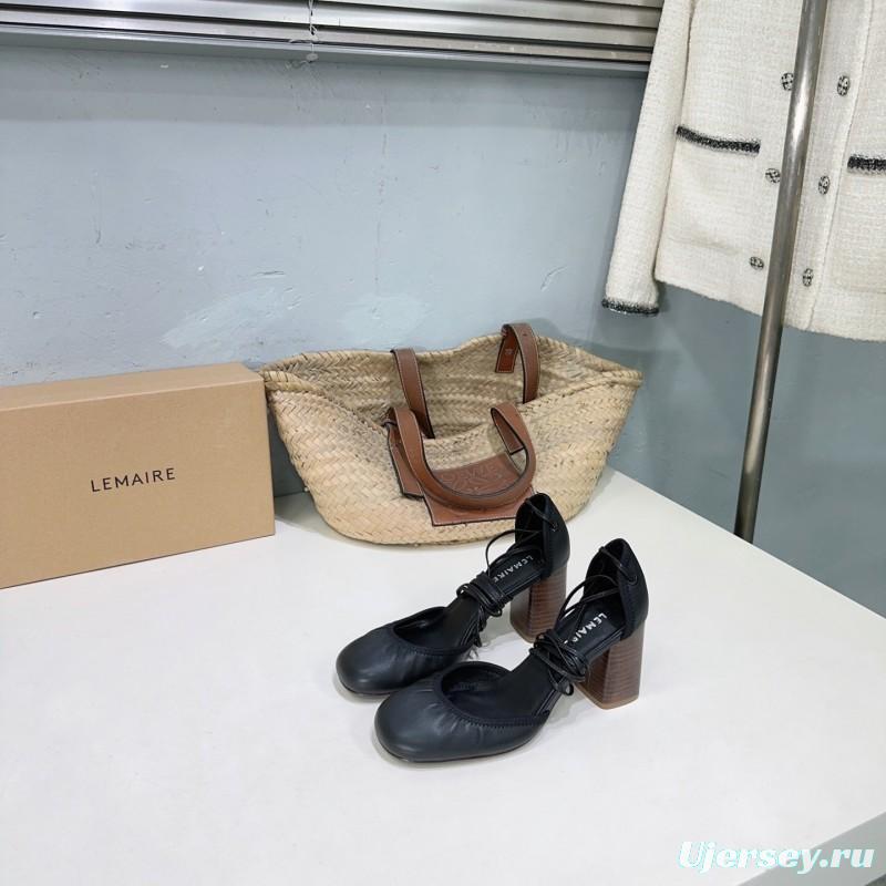 2025 Women LEMAIRE Black Leather Mary Jane Block Heel KFY00300