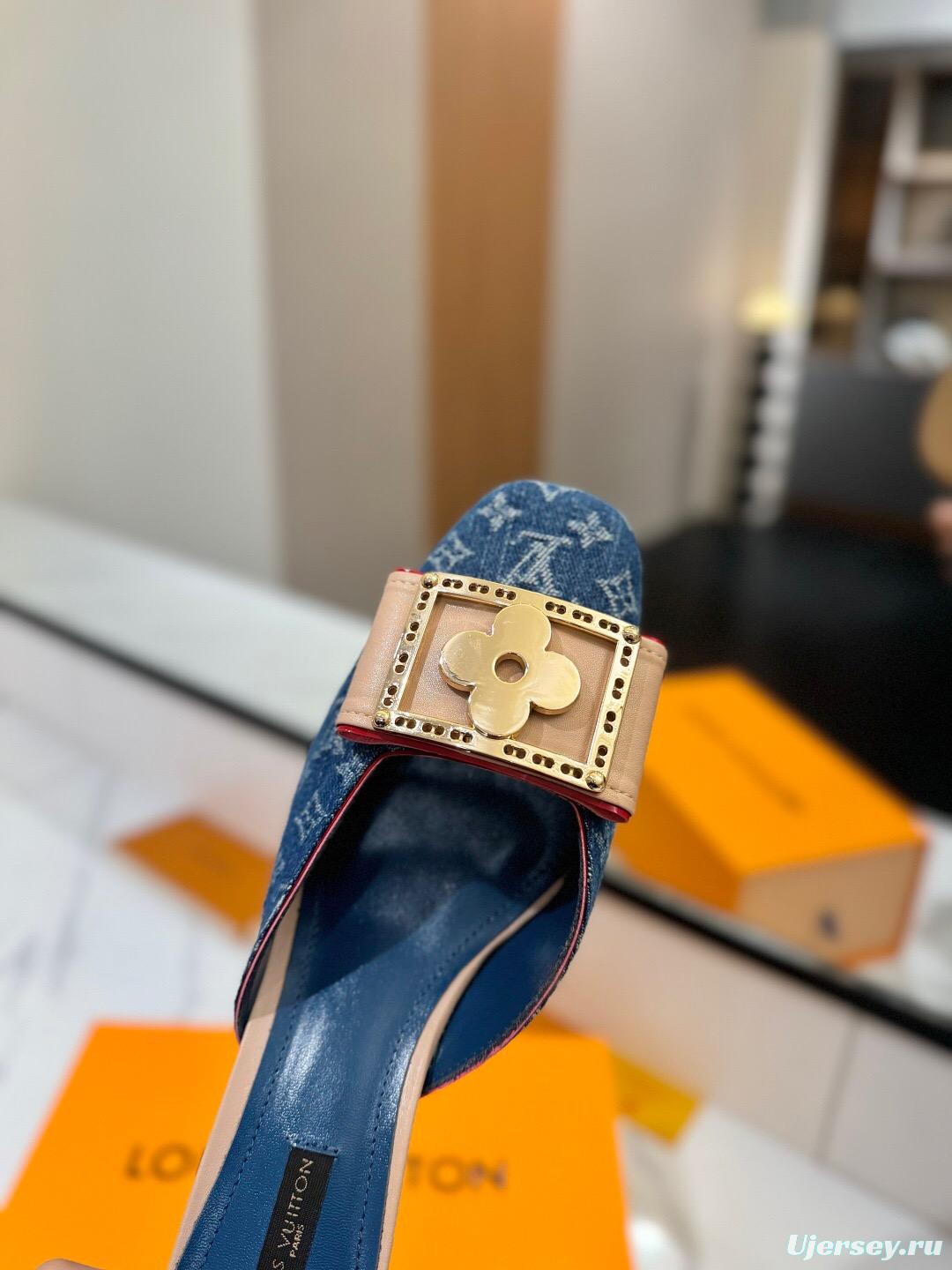 2025 Women Louis Vuitton Blue Denim Leather Mule Hardware KFY00320