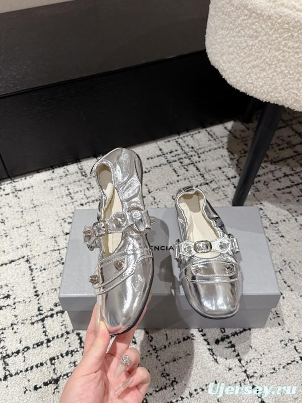 2025 Women BALENCIAGA Silver Leather Ballet Flats Metal Buckle KFY00300