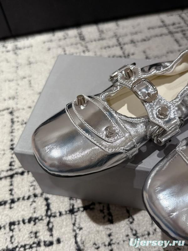 2025 Women BALENCIAGA Silver Leather Ballet Flats Metal Buckle KFY00300