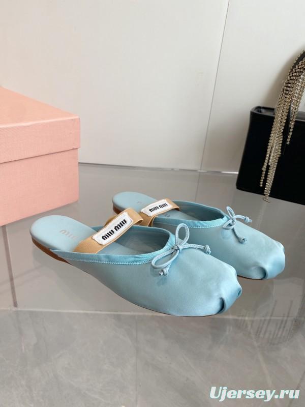 2025 Women Miu Miu Light Blue Satin Slip-On Ballet Flats KFY00280