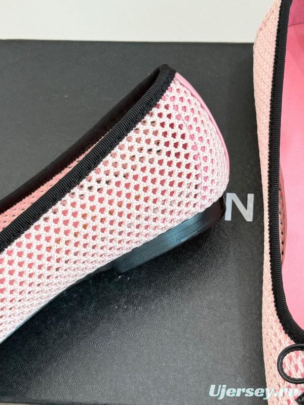 2025 Women Chanel Pink Black Mesh Ballet Flats KFY00260