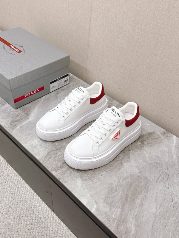 2025 Unisex Prada White Red Calf Leather Sneakers KFY00290