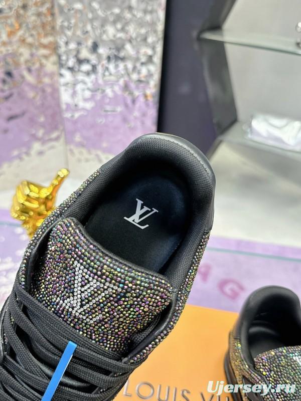 2025 Unisex Louis Vuitton Black Handmade Rhinestone Leather Fabric Plimsolls LV Trainer AS00400