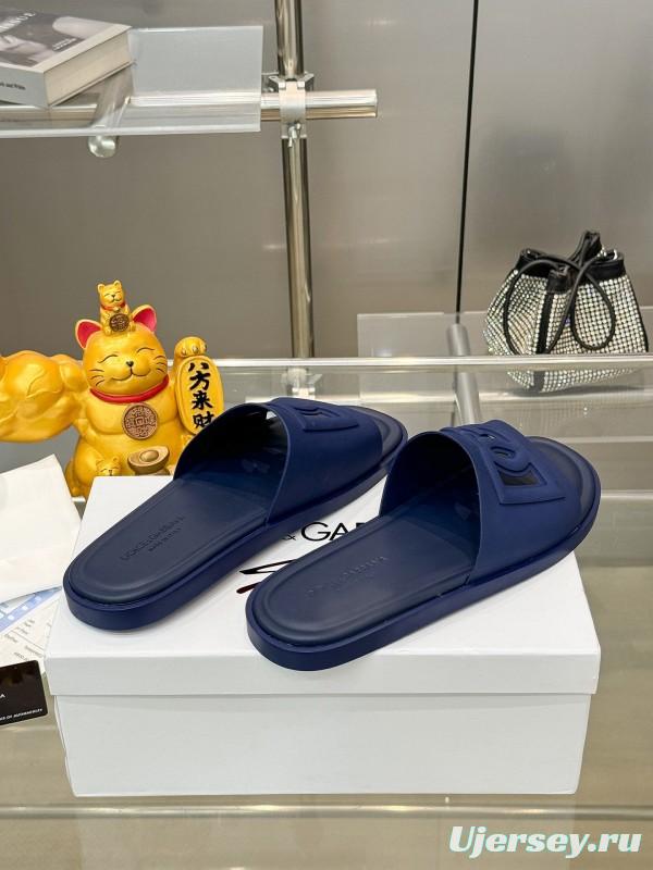 2025 Men Dolce & Gabbana Blue Leather Slippers KFY00150