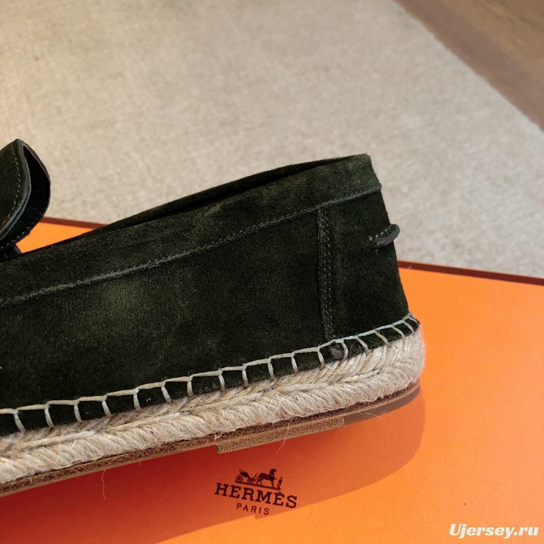 2025 Unisex Hermès Dark Green Suede Leather Loafers AS00380