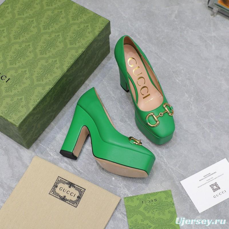 2025 Women Gucci Green Leather Platform Pumps KFY00320