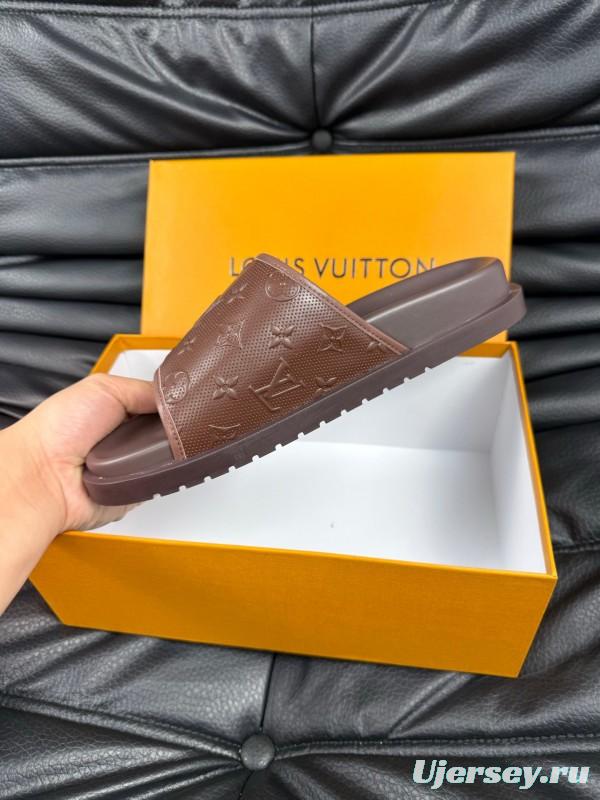 2025 Men Louis Vuitton Brown Leather Slippers AS00170