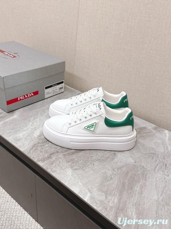 2025 Unisex Prada White Green Calf Leather Sneakers KFY00290