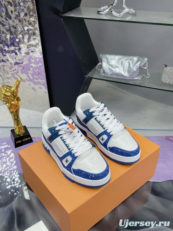 2025 Unisex Louis Vuitton Blue White Leather Plimsolls Handcrafted Beaded AS00400