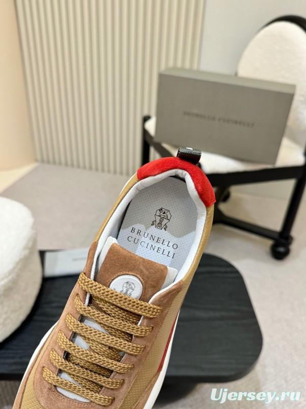 2025 Unisex Brunello Cucinelli Beige Brown Red Calfskin Mesh Sneakers AS00320