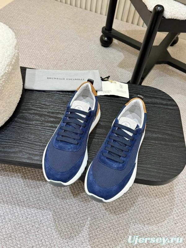 2025 Men Brunello Cucinelli Navy White Brown Calfskin Leather Sneakers AS00320