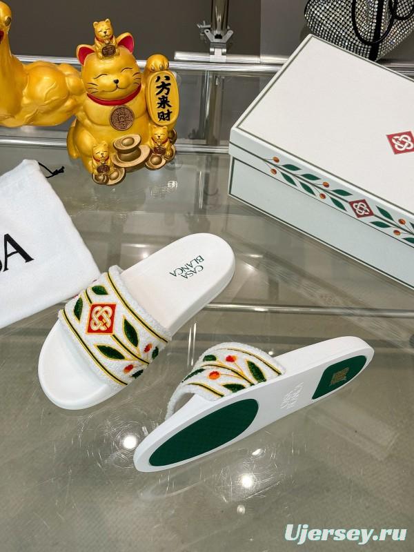 2025 Men CASA BLANCA White Green Red Embroidered Leather Slippers KFY00160