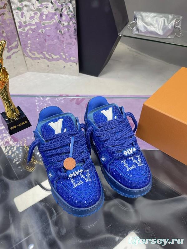 2025 Women Louis Vuitton Blue Crystal Trainer Original Custom Bing Bing Luxury Crystal Rhinestone High Temperature Hot Pressing TPU Sole AS00420