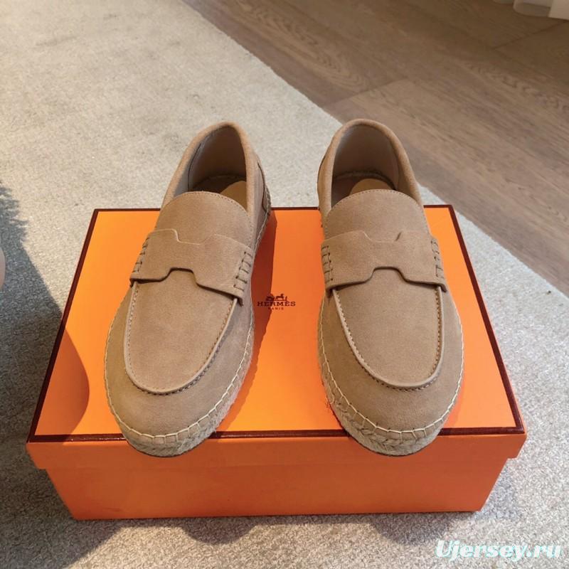 2025 Unisex Hermès Beige Calfskin Suede Loafers AS00380
