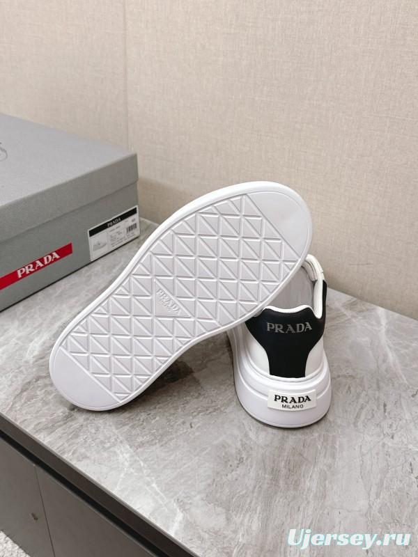 2025 Unisex Prada White Black Calfskin Leather Sneakers KFY00290