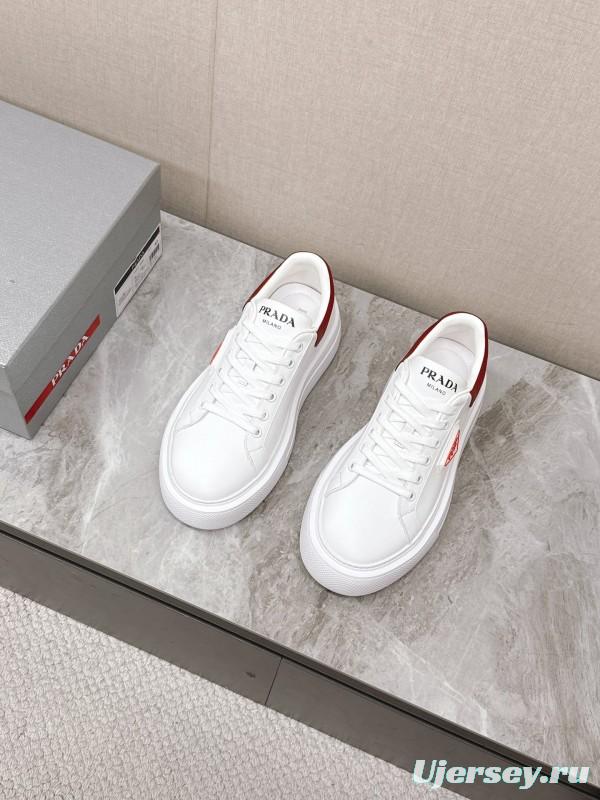 2025 Unisex Prada White Red Calf Leather Sneakers KFY00290