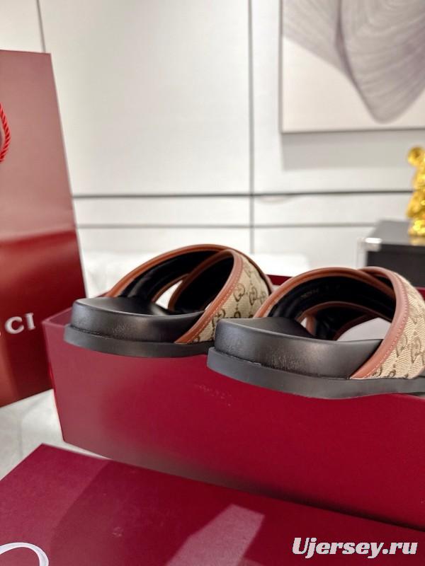 2025 Unisex Gucci Beige Brown Canvas Leather Slippers Double G Embossed AS00240