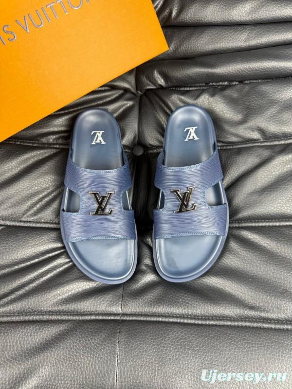 2025 Men Louis Vuitton Blue Leather Slippers AS00170