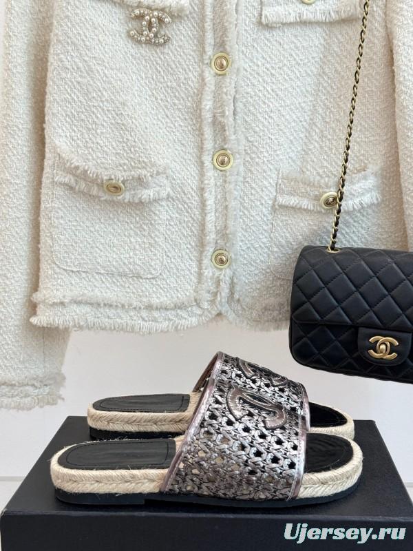 2025 Women Chanel Black Metallic Leather Slippers Hollow Weave KFY00240