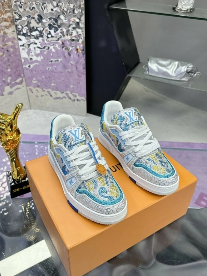 2025 Unisex Louis Vuitton Blue Yellow White Leather Denim Plimsolls Handcrafted Rhinestone AS00400