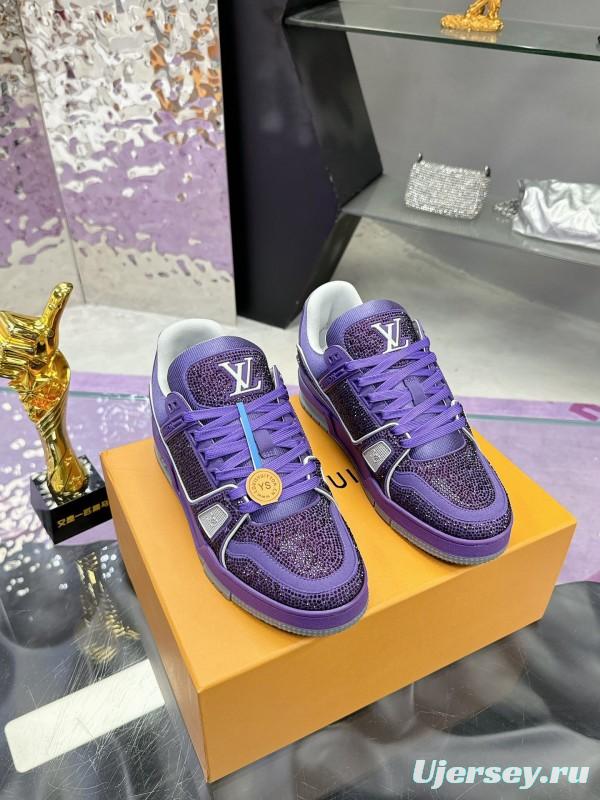 2025 Women Louis Vuitton Purple Blue Leather Plimsolls Handcrafted Rhinestone AS00400