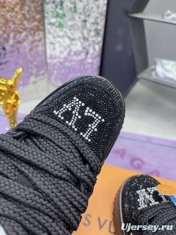 2025 Women Louis Vuitton Black Crystal Trainer Leather Plimsolls Bing Bing AS00420