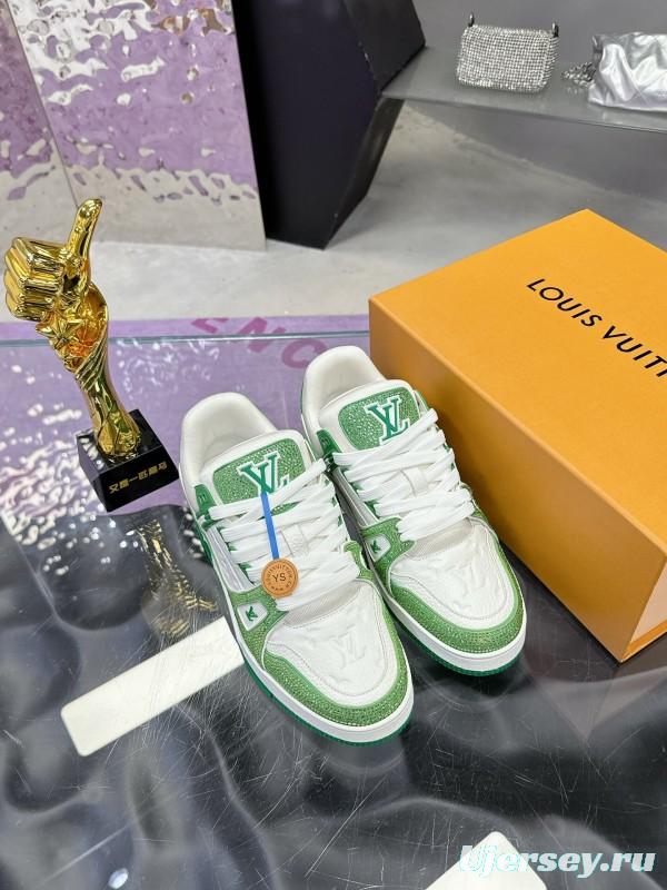 2025 Unisex Louis Vuitton Green White Leather Canvas Plimsolls Handcrafted Diamonds AS00400