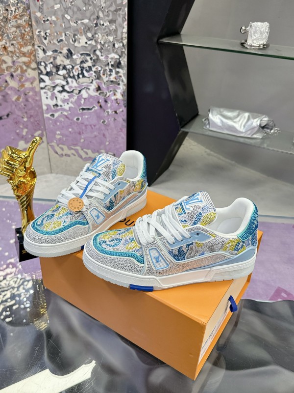 2025 Unisex Louis Vuitton Blue Yellow White Leather Denim Plimsolls Handcrafted Rhinestone AS00400