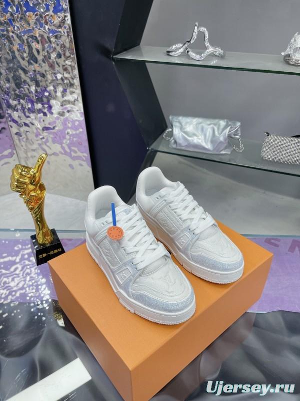 2025 Unisex Louis Vuitton White Leather Denim Trainers With Beads AS00400