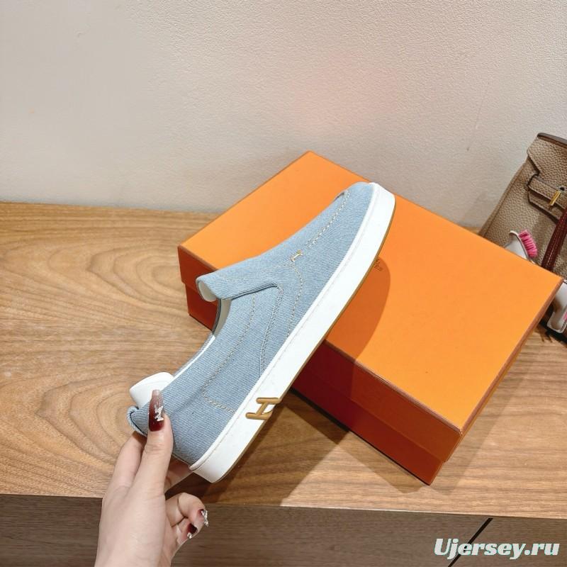 2025 Unisex Hermès Light Blue Canvas Leather Loafers AS00380