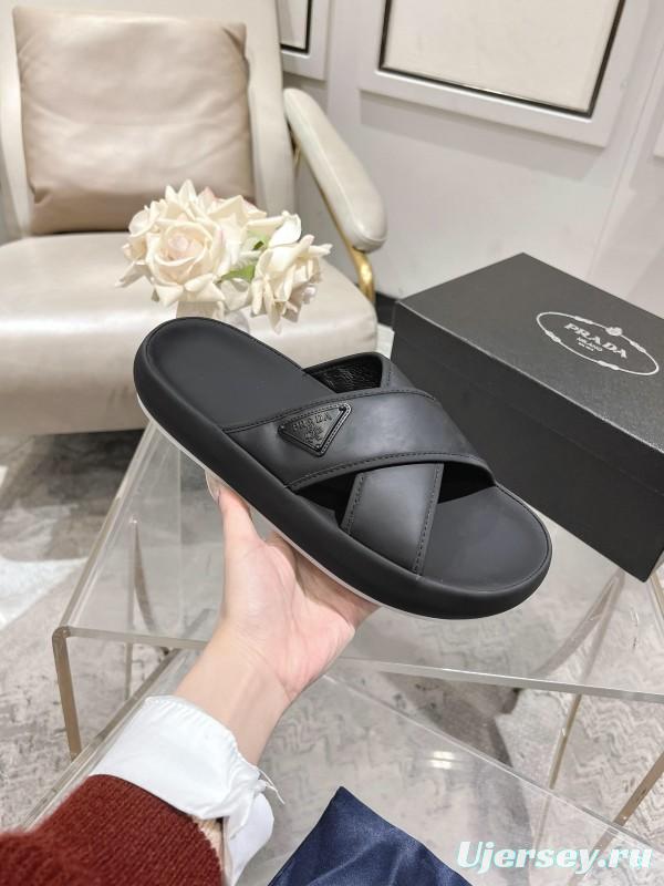 2025 Men Prada Black Leather Sandals KFY00220