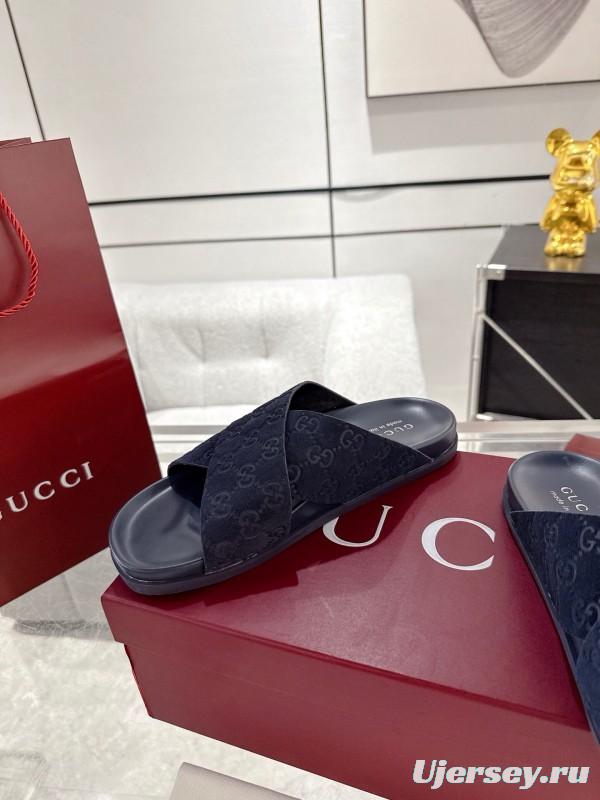 2025 Unisex Gucci Navy Fabric Slippers Double G Embossed AS00240