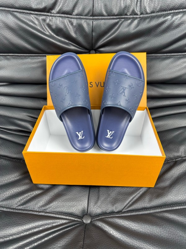2025 Men Louis Vuitton Blue Leather Slippers AS00170