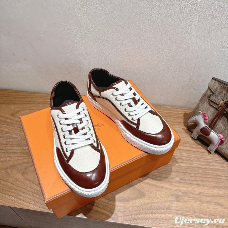 2025 Unisex Hermes Brown White Fabric Leather Sneakers AS00380