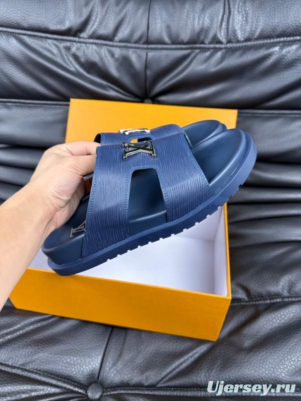 2025 Men Louis Vuitton Blue Leather Slippers AS00170