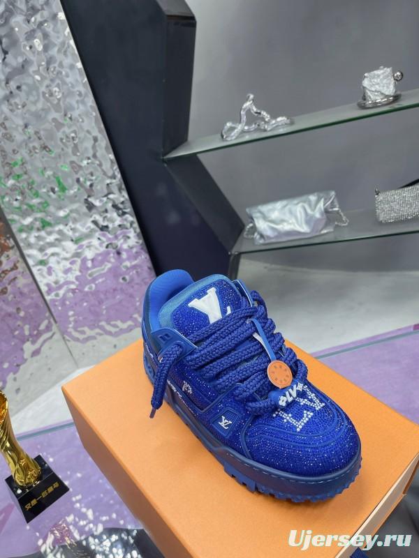 2025 Women Louis Vuitton Blue Crystal Trainer Original Custom Bing Bing Luxury Crystal Rhinestone High Temperature Hot Pressing TPU Sole AS00420